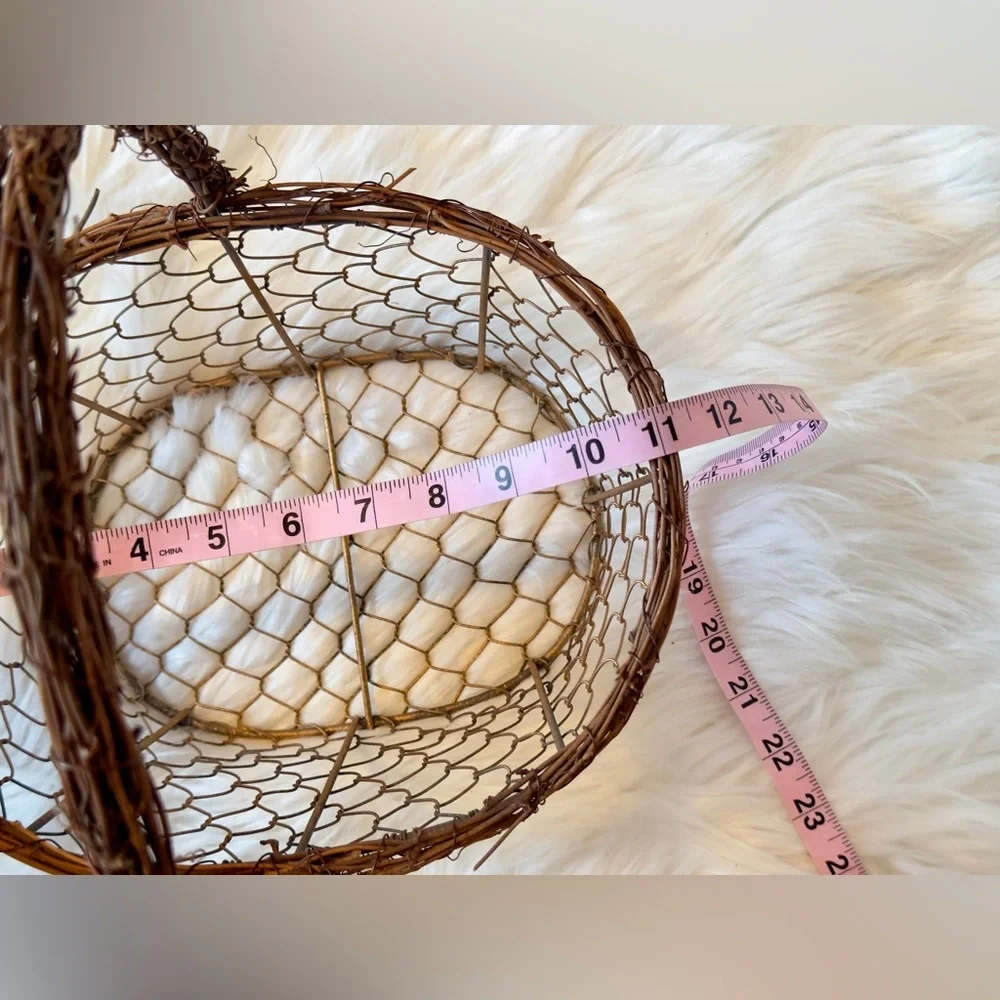 Gold Metal Wire Basket w Wood Handle Farmhouse Shabby Chic - Spring Easter Decor